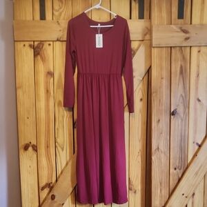 Casual Burgandy Long Sleeve Pleated Gown